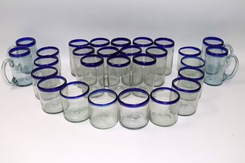 Large Lot Of Mexican Hand-blown Water, Glasses, Tall And Short And Four Glass Mugs