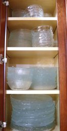 Huge Assortment Of Glass Dishes With Dinner Plates, Soup &amp Salad With Leaf Pattern