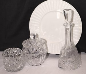 Cut Crystal Decanter, 2 Cut Crystal Covered Bowls And Round Tiffany Platter.