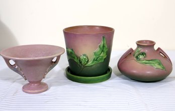 Lot Of Four Vintage Pink And Green Roseville Pottery Pieces, With Thornapple Planter. And Tuscany Vase.