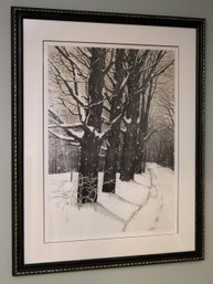 Helen Rundell Signed &amp Numbered Lithograph Of Snowy Forest Scene In Black &amp White With Original Frame.
