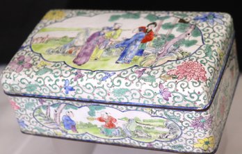 Antique Chinese Enamel Lidded Box With Hand Painted Scenes