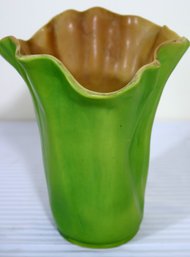 Roseville Pottery Florane Vase In Green And Peach Color With Wavy Rim.