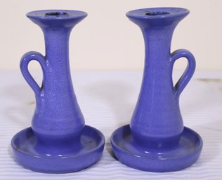 Vintage Blue Glazed Candlesticks With Handle And Base, Signed X On The Underside.