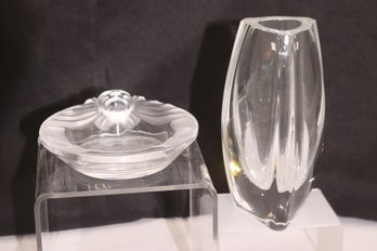 Baccarat Vase And Lalique Frosted Lions Head Ashtray.