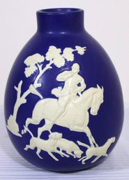 Large Antique Weller Jasperware Art Pottery, Fox Hunt Blue And White Vase, Signed.