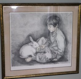 Signed & Numbered Print Of Boy Feeding A Bunny In Mottled Gold Frame Signed Joan Purcell