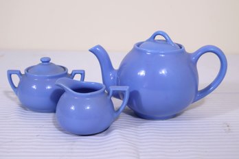 Vintage Liptons Tea Blue Pottery 3-piece Tea Set With 2 Lids.