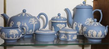 Lot Of 7 Blue & White Wedgwood Pieces With Lids Including Teapot, Coffee Pot, S & C & 2 Boxes