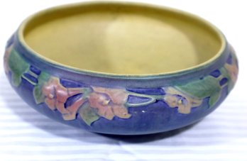 Newcomb College Art Pottery Bowl, Matte Blue Glaze With Relief Carved Band Of Gardenias.