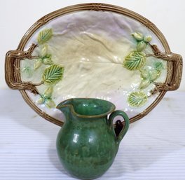 Etruscan Majolica Oval Plated And Small Green Glazed Pitcher.