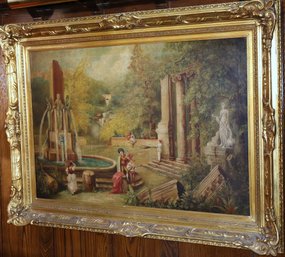 Vintage Oil On Canvas Painting Depicting Imagined Roman Ruins And Fountains