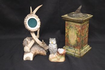 Natural Antler Horns With Small Round Photo Frame And Other Collectables.