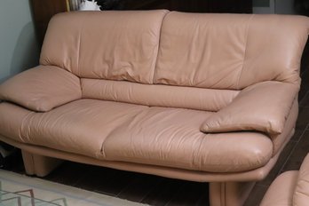 1980s Era Modern Retro Leather Love Seat, Light Peach Color With Leather Wrapped Legs