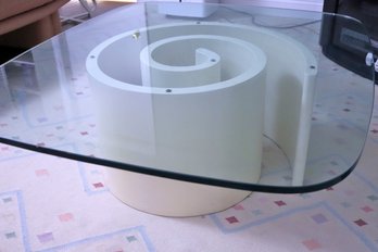 1980s Coffee Table With Glass Top &amp Circular Maze Painted Wood Base