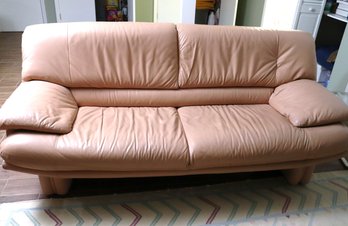 1980s Era Modern Retro Peach Leather Sofa With Leather Wrapped Legs