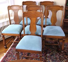Set Of 6, Queen Anne Style Oak Dining Room Chairs With Aqua Color Ultra Suede Upholstery