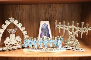Three Vintage Brass Menorahs And Box Of Artisanal Safed Hanukkah Candles