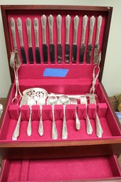 Silver Plated Flatware In Original Mahogany Box, With Monogram.