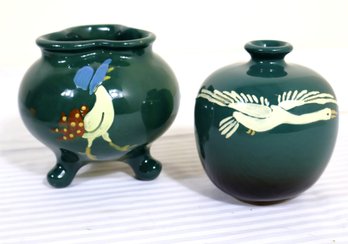 Whimsical Footed, Green Glazed, Vase, And Weller Small Vase With Japanese Crane.