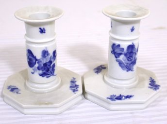 Pair Of Vintage Royal Copenhagen Octagonal Base Candlesticks With Blue Flowers.