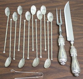 Set Of 12 Sterling Silver Lemonade Sipping Spoons, SS Sugar Tongs &amp Serving Knife, And Fork With Sterling