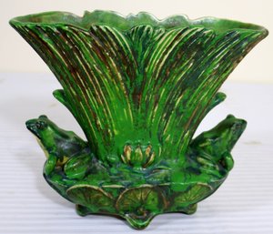 Rare Weller, Coppertone Vase With Frogs, And Lily Pad Shaped Base.