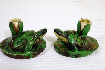 Pair Of Weller Pottery, Coppertone Frogs On The Lily Pad Candlesticks