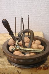 Antique Wooden Bowl With Built In Nutcracker,