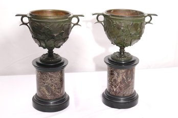 Pair Of Antique Neo Classic Decorative Bronze Bowls On Marbleized Columns.