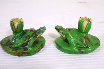 Pair Of Weller Pottery, Coppertone Frog On Lily Pad Candlesticks