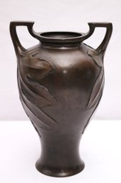 Antique Art Nouveau Style Bronze Urn With Palm Leaf Handles.