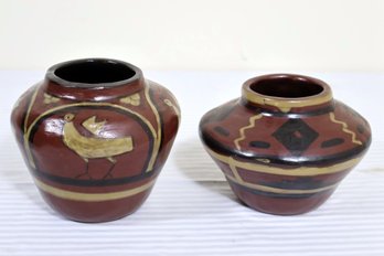 Two Rare Pieces Of University Of North Dakota Hand Painted Vases With Native American Designs.