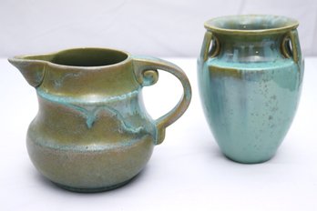 A Vintage Fulper Turquoise Classical Urn And An Unmarked Pitcher With Turquoise Highlights.