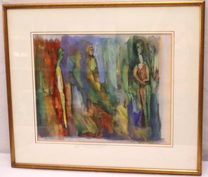 Abstract Watercolor Of Figures Within A Multicolor Background, Signed Gertrude Sterns In Narrow Gold Frame.