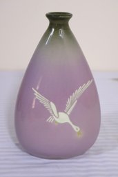 A Rare, Light Purple Glazed Weller Vase With Japanese Bird In Flight
