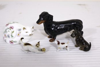 Lot Of Five Miniature Porcelain Animal Figurines, Including Goebel Dachshund, Royal Doulton, And Minton Cat.