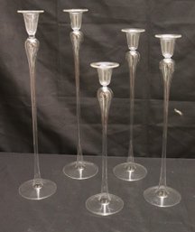 Set Of 5 Fine Slender Handblown Candlesticks Ranging In Size