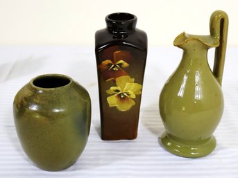 Three Antique Glazed Pottery Decorative Vases, With Owens Pottery Pansy Vase.