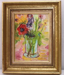 Impressionist Style Still Life Of Poppies In Wide Gilded Frame.