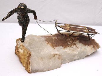 Rare Mid- Century Curtis Jere Bronze Boy With Sled On Natural Stone Base.