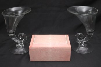 Vintage Pink Colored Sharkskin Box And Pair Of Clear Glass Cornucopia.