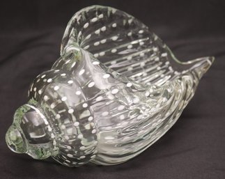 Vintage Murano Style Clear Glass Conch Shell Decor With White Accent Spots