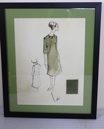 Vintage Drawing Of A Dress Pattern With Fabric Sample, Signed Beck, And Professionally Framed