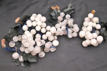 Beautiful Lot Of 4 Pink Quartz Grape Bunches On Natural Grape Vine With Dark Jade Color Leaves.