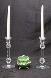 Pair Of Val St Lambert Crystal Candlesticks And Porcelain Music Box With Theme From Gone With The Wind.