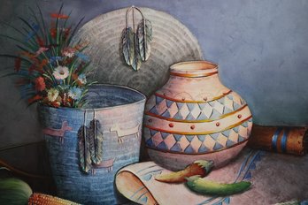 Large Native American Style Still Life Canvas Painting By C.R. Benolt