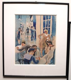 Listed Artist, Maurice Dard Early 20th Century Watercolor Of Bar Scene With Sailors And Ladies.