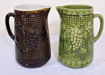 Two Late 19th Century Uhl Pottery Pitchers Grapes And Lattice Pattern.