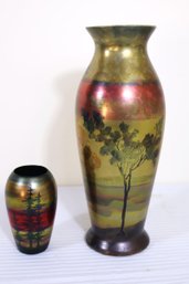 Two Rare Lasa Weller Scenic Print Vases With An Iridescent Finish Ca. 1920s.